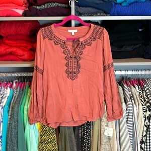 Pale Sky orangey brown with black embroidery long sleeve blouse size PXS NWT